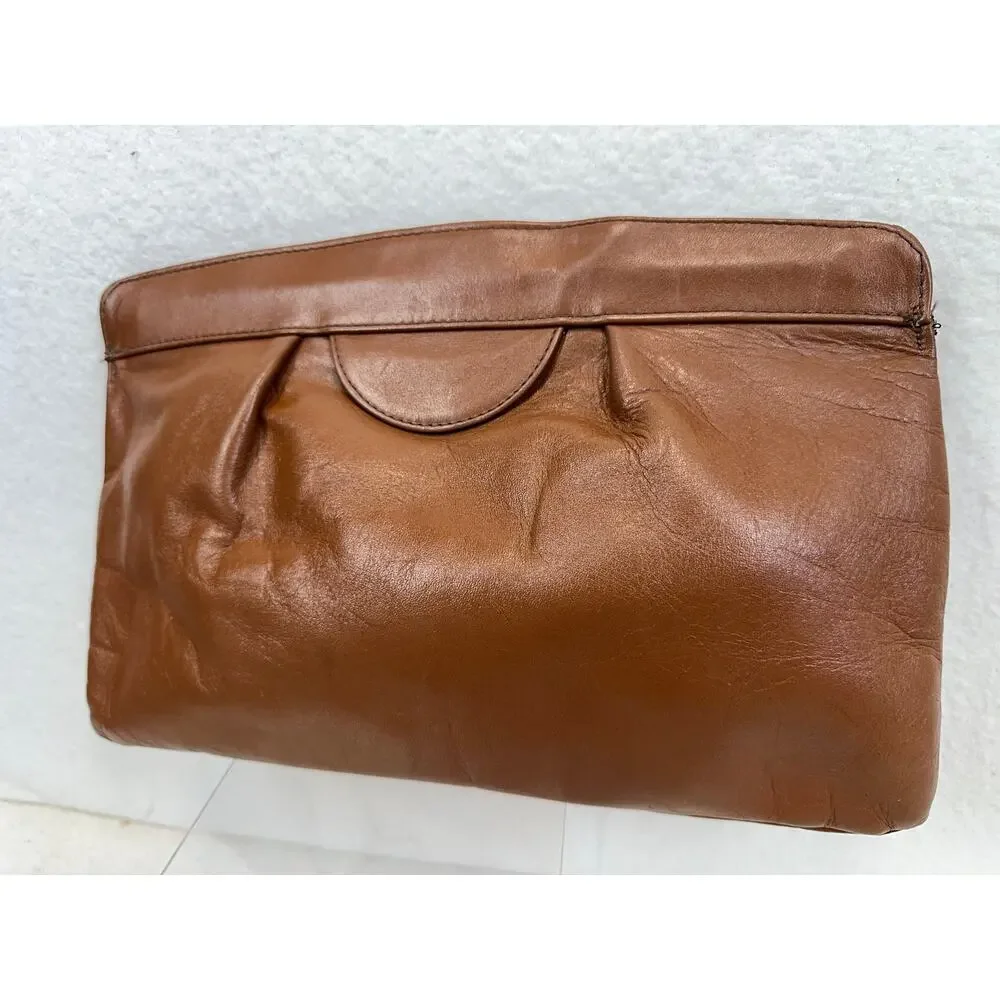 Vintage Brown Leather Envelope Clutch Purse Boho Light Academia Neutral